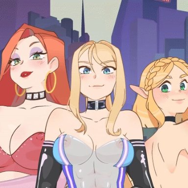 disney, nintendo, jessica rabbit, princess zelda, samus aran, zelda (breath of the wild), artist request, creambee, areola slip, areolae, big breasts, blonde hair, blue eyes, breasts, choker