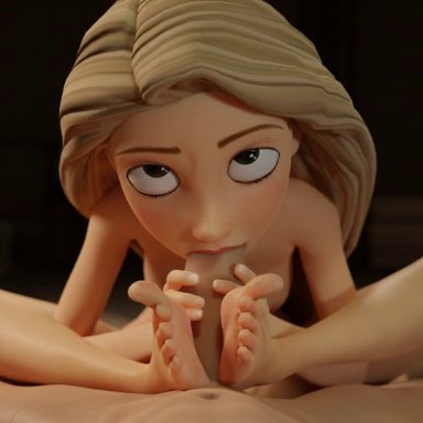 tangled, rapunzel, 1boy, 1boy1girl, 1girls, blowjob, completely nude, fellatio, female, footjob, hfmd0001, looking at viewer, pov, soles, toes