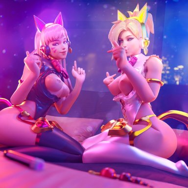 overwatch, d.va, mercy, zoe-eh, 2girls, ass, big ass, big breasts, breasts, cat ears, cat tail, catgirl, costume, curvy, nipples