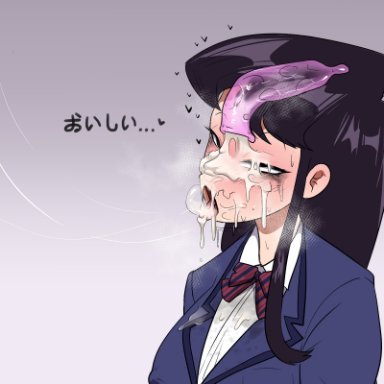 komi-san wa komyushou desu, komi shouko, lech lewds, 1girls, after deepthroat, after fellatio, after oral, black hair, blush, condom, condom on face, cum, cum on face, female, female only