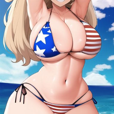 girls und panzer, kay (girls und panzer), nai diffusion, stable diffusion, american flag, american flag bikini, arms above head, blonde hair, large breasts, smirk, smug, ai generated