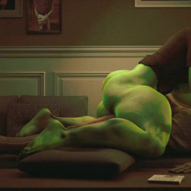 marvel, marvel cinematic universe, she-hulk: attorney at law, jennifer walters, she-hulk, creamtau, 1boy, 1girls, barefoot, big ass, big breasts, caressing face, cowgirl position, cum in pussy, cum inside
