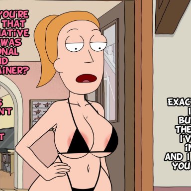 rick and morty, summer smith, steca, thelazyart, bikini, bra, large breasts, orange hair, sexually suggestive, edit, edited, english, english text, screencap, screenshot