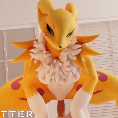 bandai namco, digimon, digimon (species), renamon, wigfritter, anthro, anthro penetrated, athletic female, bedroom, bedroom eyes, bedroom sex, bouncing breasts, breasts, cowgirl position, duo