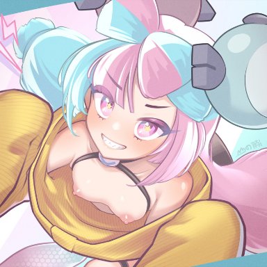 nintendo, pokemon, pokemon sv, iono (pokemon), sandrewf, 1girls, areolae, blue and pink hair, breasts, eye contact, female, female only, long hair, looking at viewer, nipples