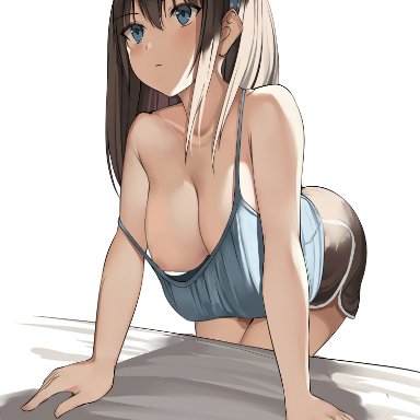 original, tsubasa (kureha), kureha (ironika), 1girl, bent over, black hair, blue eyes, blue hairband, blue topwear, blush, brown hair, dolphin shorts, front view, implied indoors, large breasts