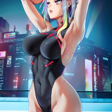 cd projekt red, cyberpunk: edgerunners, cyberpunk 2077, studio trigger, lucy (edgerunners), lucyna kushinada, foxyrain, foxyreine, 1girls, armpits, arms up, breasts, cityscape, competition swimsuit, female