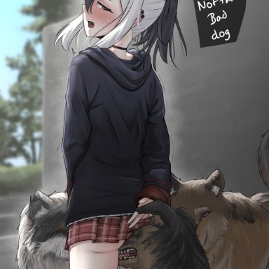 nyaxxy, blush, canine, choker, dog, embarrassed, female, feral on female, hoodie, miniskirt, upskirt, zoophilia, speech bubble