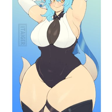 genshin impact, eula (genshin impact), taigerarts, 1girls, armpits, big breasts, blue hair, blush, boots, breasts, clothing, female, female focus, female only, fully clothed
