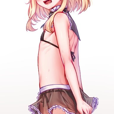 mizumizzumiz, 1boy, ass, blonde hair, femboy, from behind, girly, male, male only, open mouth, otoko no ko, otokonoko, red eyes, skirt, solo