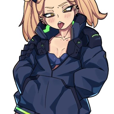 cyberpunk: edgerunners, my hero academia, himiko toga, rebecca (edgerunners) (cosplay), 1girls, alternate costume, blonde hair, looking at viewer, medium hair, tongue out, cosplay