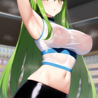 code geass, c.c., nai diffusion, stable diffusion, armpit, arms up, female, green hair, long hair, looking at viewer, see-through, solo, wet clothing, yellow eyes, ai generated