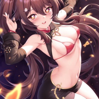 genshin impact, hu tao (genshin impact), ivenglynn, :d, ass cleavage, bangs, bikini, bikini top only, black nails, black shorts, blush, bracelet, breasts, brown eyes, brown hair