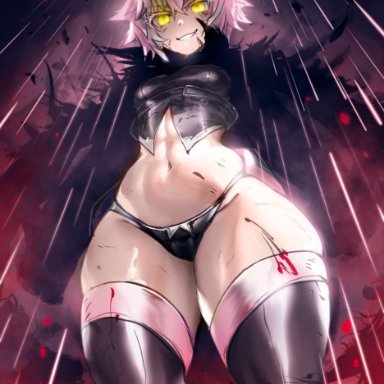 fate/apocrypha, fate (series), jack the ripper (fate/apocrypha), thegoldensmurf, 1girls, armor, big thighs, black legwear, black panties, blood, bottom heavy, cape, dark background, feathers, looking at viewer