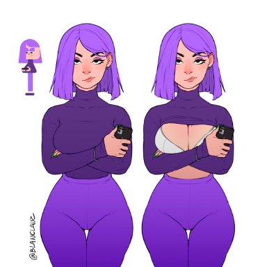 duolingo, lily (duolingo), blanclauz, bob cut, bored, breasts, cleavage, clothed, crossed arms, flashing, large breasts, looking at viewer, purple hair, purple pants, shirt lift