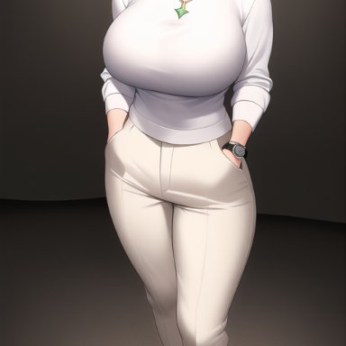 gundam, zeta gundam, emma sheen, nai diffusion, stable diffusion, big breasts, blush, brown hair, busty, curvy, full body, fully clothed, green eyes, hands in pockets, looking at viewer