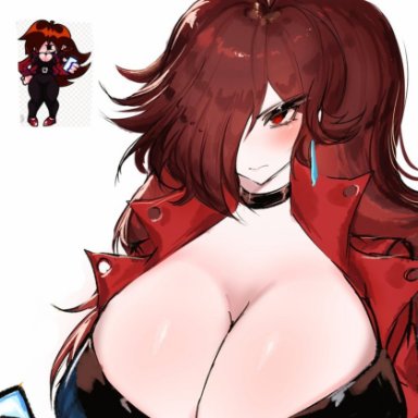 friday night funkin, girlfriend (friday night funkin), usa37107692, 1girls, angry face, cleavage, female, huge breasts, jacket open, long hair, original look to artist artstyle, phone, red eyes, simple background, upset