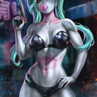 cyberpunk: edgerunners, cyberpunk 2077, rebecca (edgerunners), dandon fuga, 1girls, big breasts, bulging breasts, curvaceous, curvy female, curvy figure, fit female, green sclera, green skin, looking at viewer, tattoos