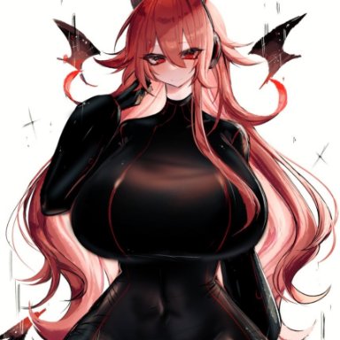 friday night funkin, girlfriend (friday night funkin), usa37107692, 1girls, big breasts, black clothing, cat ear headphones, curvy, cybernetics, female, long hair, red eyes, simple background, thick thighs, wings