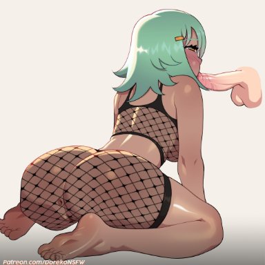 naruto, naruto (series), naruto shippuden, fuu (naruto), doreko, 1boy1girl, anus, ass, barefoot, blowjob, blush, cheek bulge, clothed sex, crop top, dark-skinned female