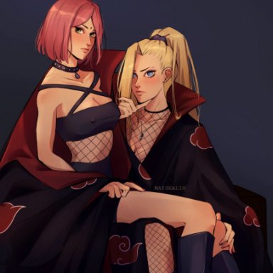 boruto: naruto next generations, naruto, naruto (series), ino yamanaka, sakura haruno, 2girls, akatsuki (naruto), blonde hair, cleavage, cloak, female, female only, fishnets, forehead jewel, hair over one eye