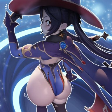 genshin impact, mona (genshin impact), popogori, ass, ass focus, bare shoulders, blue leotard, detached sleeves, elbow gloves, female, from behind, gloves, hair ornament, hair ribbon, hat