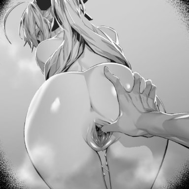 fate/grand order, fate (series), artoria pendragon, artoria pendragon (caster), fujimaru ritsuka (male), hxd, 1girls, ahoge, anus, ass, completely nude, female, female focus, from behind, long hair