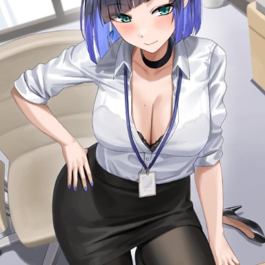 genshin impact, yelan (genshin impact), shocho, 1girls, alternate costume, bangs, black bra, black choker, black pantyhose, black skirt, blinds, blue hair, blue nails, blunt bangs, blush