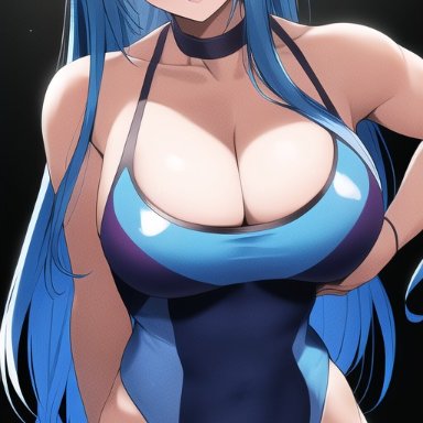 metroid, dark samus, nai diffusion, stable diffusion, blue hair, blush, collar, humanized, large breasts, looking at viewer, personification, smile, swimsuit, wide hips, ai generated