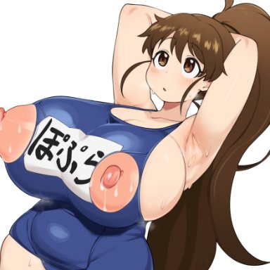 working!!, taneshima popura, cham22, 1girls, areolae, armpits, arms behind head, belly, big breasts, blush, breasts, brown hair, chubby, chubby female, curvy figure