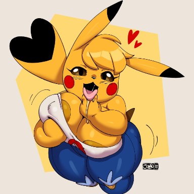 pokemon, kanna (joaoppereiraus), pikachu, pok&#233;mon (species), joaoppereiraus, 1girls, anthro, big breasts, breasts, cleavage, clothing, drooling, female, female only, jeans