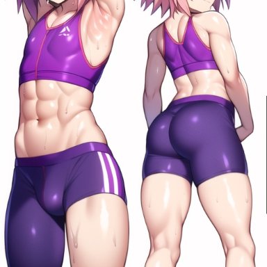 fate (series), astolfo (fate), nai diffusion, stable diffusion, 1boy, abs, armpits, ass, bike shorts, bulge, butt, eye contact, femboy, fitness, girly