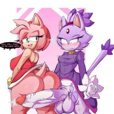 sonic (series), sonic the hedgehog (series), amy rose, blaze the cat, chaos nsfw, 1futa, 1girls, anthro, balls, blazamy, bottomless, clothed, clothing, female, furry