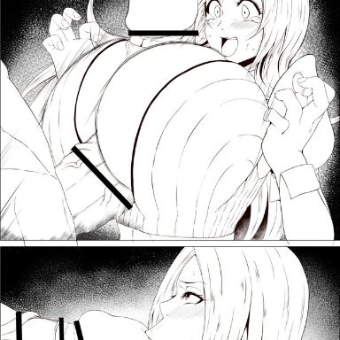 bleach, inoue orihime, artist request, 1boy, 1boy1girl, 1girl1boy, 1girls, :&gt;=, :o, big breasts, big penis, blush, breast bigger than head, breast hold, breast press