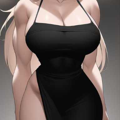 original, original character, nai diffusion, stable diffusion, annoyed, big breasts, black dress, blonde hair, blue eyes, collar, curvy, dress, exposed thighs, female, long dress