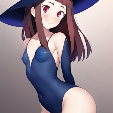 little witch academia, akko kagari, nai diffusion, stable diffusion, 1girls, armwear, breasts, brown hair, eye contact, female, female focus, female only, hat, legwear, leotard