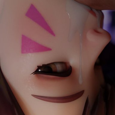 overwatch, overwatch 2, d.va, auxtasy, 1boy, 1girls, after oral, blush, blushing, brown eyes, brown hair, close-up, cum, cum in mouth, dick in mouth