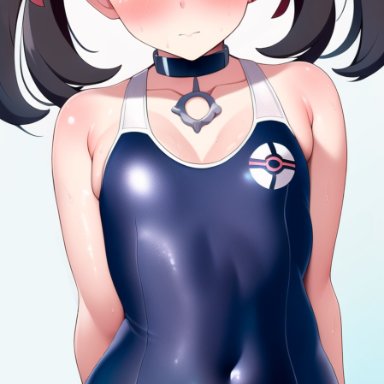 nintendo, pokemon, pokemon ss, marnie (pokemon), nai diffusion, stable diffusion, 1girls, ass visible through thighs, bangs, black hair, blue eyes, blush, breasts, cameltoe, choker