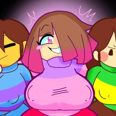 glitchtale, undertale, undertale (series), undertale fanfiction, bete noire, chara, chara (undertale), frisk, frisk (undertale), mochikirb, 3girls, annoyed, big breasts, brown eyes, brown hair