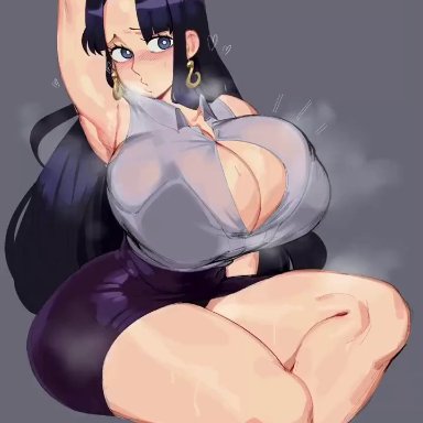 one piece, boa hancock, nezulet, opaluva, pace r18, 1girls, arm behind head, armpit, black hair, blush, bra, breasts, button gap, cleavage, earrings