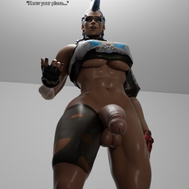 blizzard entertainment, overwatch, overwatch 2, brigitte, junker queen, vanasmut, 1futa, abs, balls, big breasts, bottomless, breasts, clothed, clothing, cock pointing towards viewer