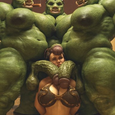 star wars, gamorrean, princess leia organa, squarepeg3d, 1girls, 3futas, alien, alien futanari, big breasts, female, futa on female, futanari, green skin, imminent oral, muscular futanari