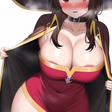 megumin, nai diffusion, stable diffusion, 1girls, aged up, alternate breast size, areola slip, areolae, bangs, blush, brown hair, cape, choker, cleavage, hat