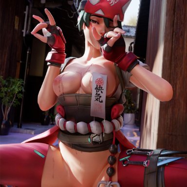 blizzard entertainment, overwatch, overwatch 2, kiriko (overwatch), m71z30, 1boy, big breasts, brown eyes, cum on body, cum on breasts, dick, exposed breasts, female, green hair, hard nipples