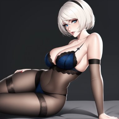 nier: automata, yorha 2b, android, blue eyes, hair ribbon, light-skinned female, looking at viewer, short hair, solo female, white hair, tagme