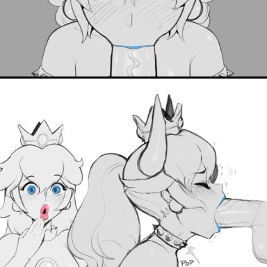 mario (series), new super mario bros. u deluxe, nintendo, super mario bros., bowsette, princess peach, candyseal, 1boy, 2girls, :&gt;=, being watched, blue eyes, blue lips, blue lipstick, breasts