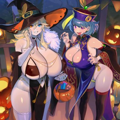 halloween, enta (nia), gwendolyn (cliffpadfoot), nia4294, nia (nia4294), 2girls, blue eyes, breasts, china dress, cleavage, female, halloween costume, hat, heterochromia, hips