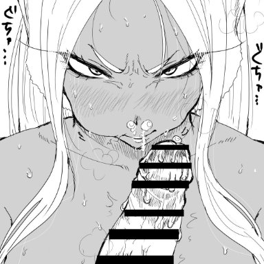 my hero academia, miruko, kaiman garupan, after fellatio, angry, cum, cum in mouth, monochrome