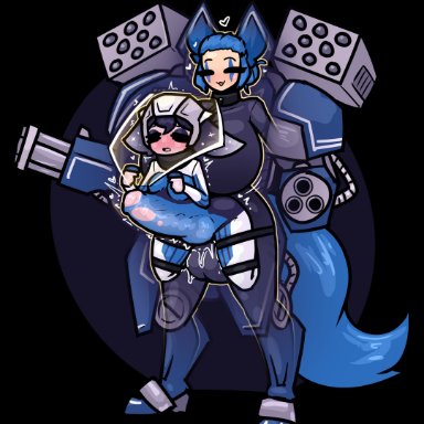 kon (habitualboomer), mystral (kersplampy), limebreaker, 1futa, 1girls, animal ears, armor, balls, blue hair, blush, bodysuit, breasts, clothed, clothing, cute