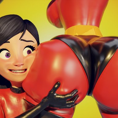 the incredibles, helen parr, violet parr, kinkyincubus, ass, ass focus, ass grab, black hair, bodysuit, boots, butt squish, gloves, huge ass, mother and daughter, skin tight